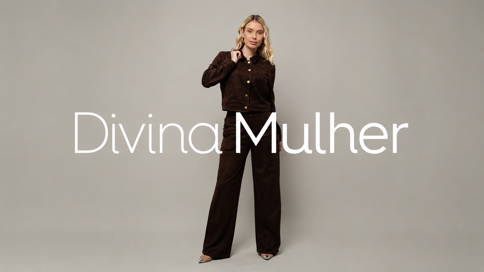 Divina Mulher — conjunto suede marrom com jaqueta e calça pantalona